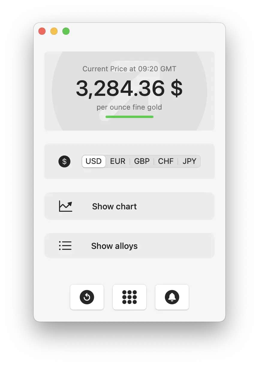 main screen goldpriceone shows current price and alloys list collapsed