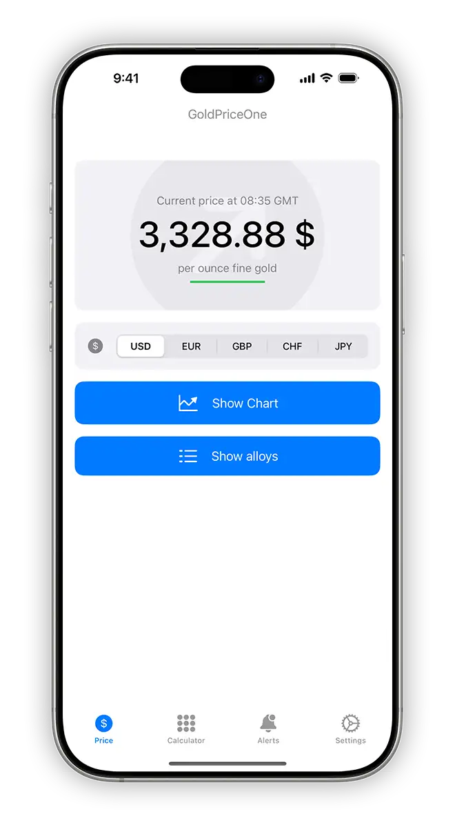 main screen goldpriceonemobile shows current price and alloys