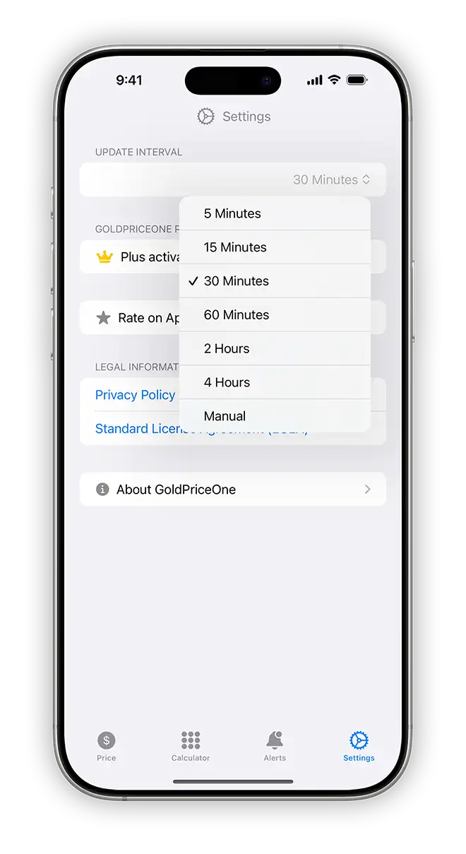 settings screen goldpriceonemobile ios